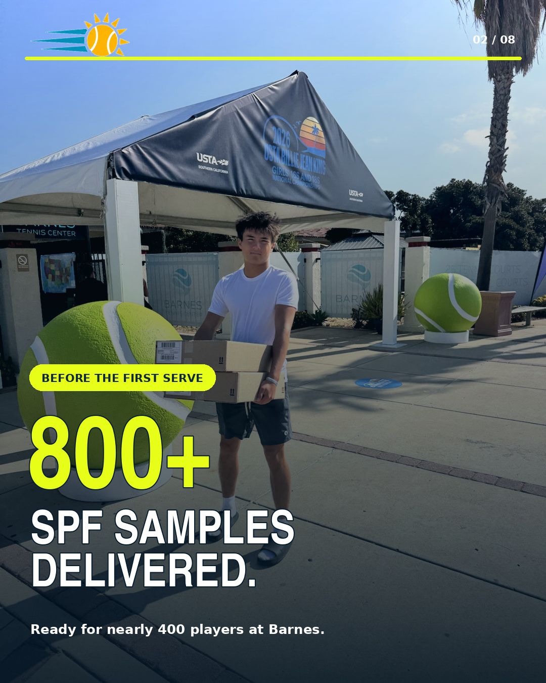 Liam Thiele delivering more than 800 sport sunscreen samples to Barnes Tennis Center
