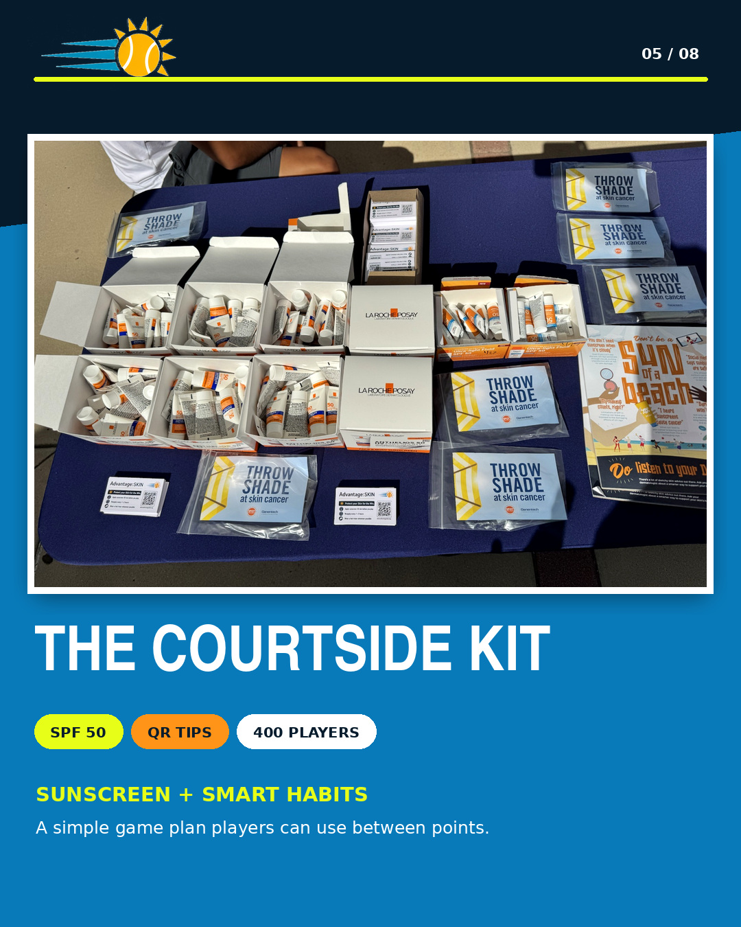 The courtside sun-safe kit with sunscreen, QR tips, and educational materials