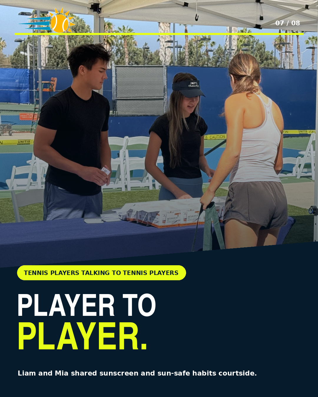 Liam and Mia Thiele sharing sunscreen and sun-safety tips with a tournament player